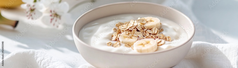 A bowl filled with creamy yogurt topped with fresh banana slices and oats sits warmly illuminated by natural light. This setup emphasizes a wholesome, gut-friendly meal A bowl filled with creamy yogurt topped with fresh banana slices and oats sits warmly illuminated by natural light. This setup emphasizes a wholesome, gut-friendly meal