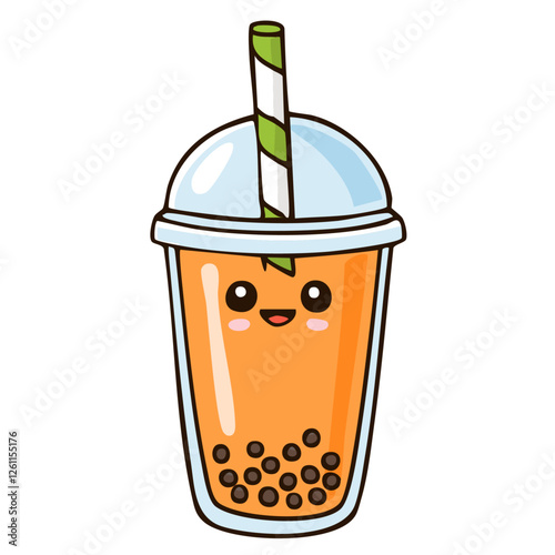 Bubble tea vector color illustration in line art style. Image of refreshing orange drink with tapioca balls. For menu and packaging