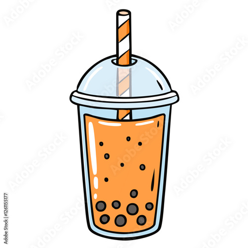 Bubble tea vector color illustration in line art style. Image of refreshing orange drink with tapioca balls. For menu and packaging