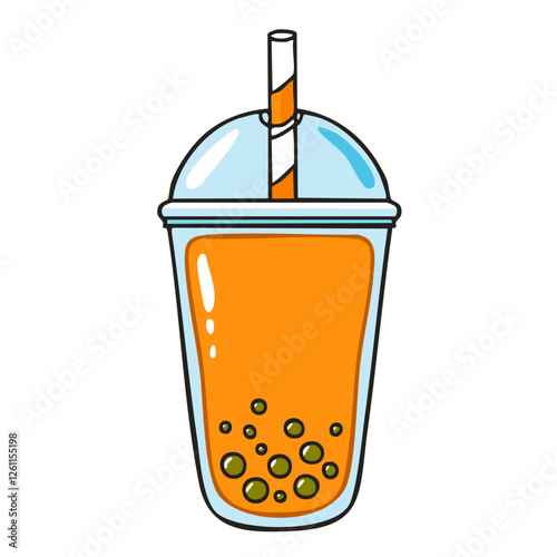 Bubble tea vector color illustration in line art style. Image of refreshing orange drink with tapioca balls. For menu and packaging