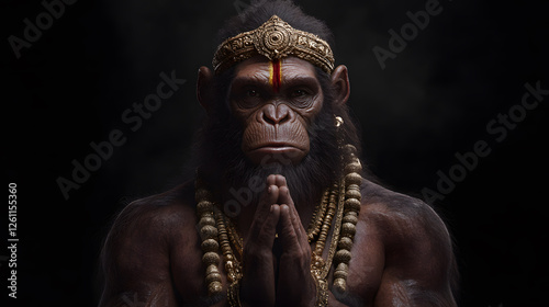 Meditative Monkey Deity: A portrait of a primate-like figure with ornate jewelry and a serene expression, evoking spiritual themes. photo