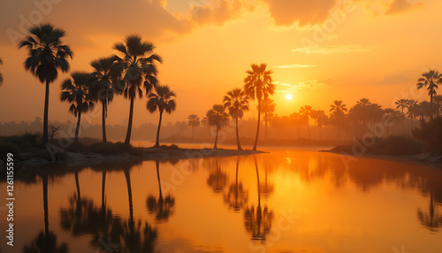 Tropical sunset reflecting over a river with silhouetted palm trees along the shore