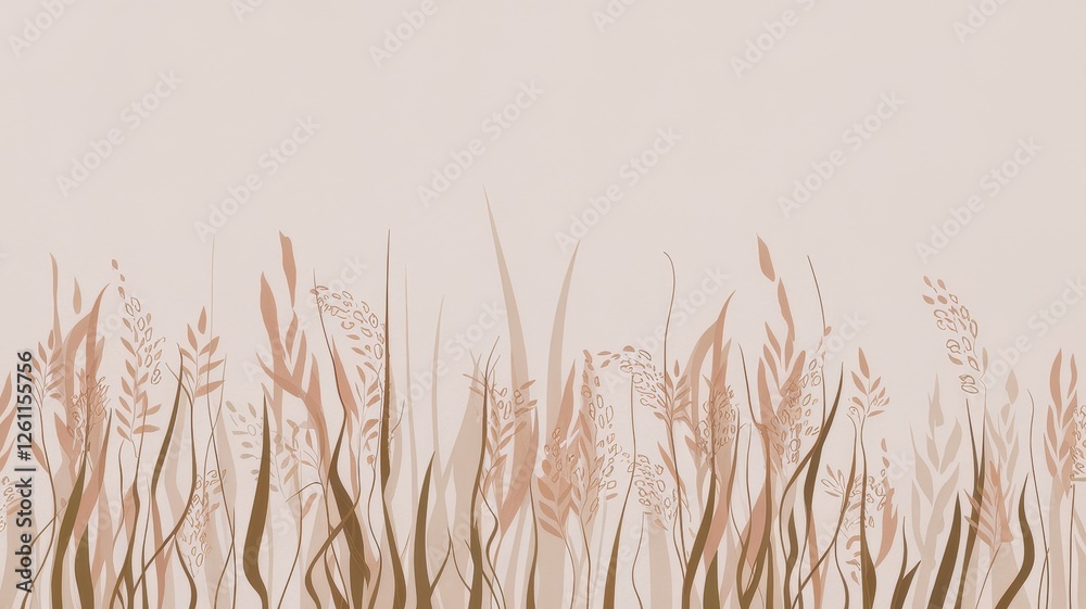 Fototapeta premium A delicate illustration of soft, earthy-toned plants and grass swaying gently in a minimalist setting, creating a serene and inviting atmosphere.