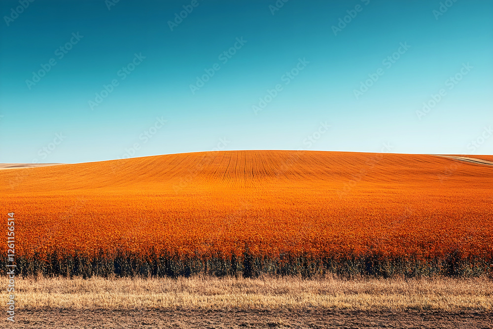 Obraz premium Vast golden field stretching over rolling hills under a clear blue sky. The rich warm tones of the landscape contrast beautifully with the crisp horizon