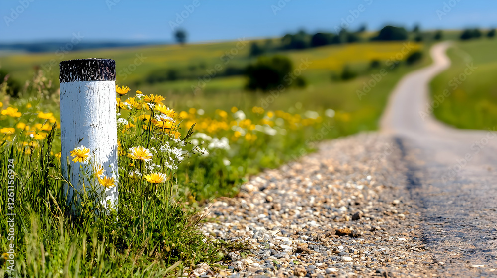 Country road, post, wildflowers, hills, summer Country road, post, wildflowers, hills, summer