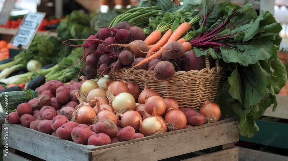 A vibrant display of fresh vegetables including beets, carrots, and onions in a rustic market setting. A vibrant display of fresh vegetables including beets, carrots, and onions in a rustic market setting.