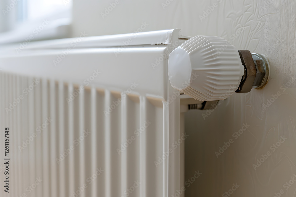 White radiator with a thermostatic valve on a white wall. Adjusting the temperature of the radiator with a white control knob. Home climate control. White radiator with a thermostatic valve on a white wall. Adjusting the temperature of the radiator with a white control knob. Home climate control.