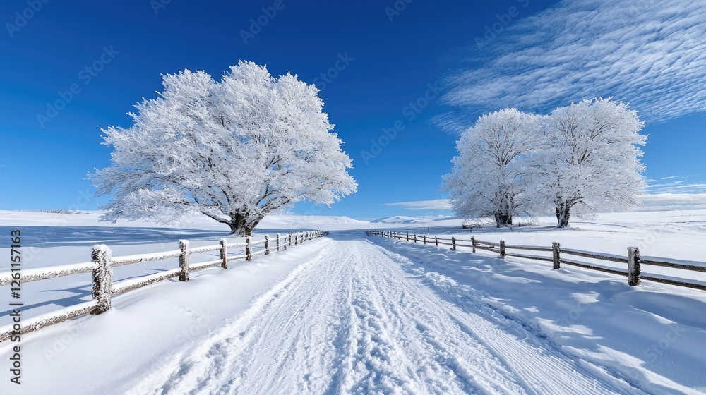 Snowy road between frosty trees, winter landscape, peaceful scene, postcard Snowy road between frosty trees, winter landscape, peaceful scene, postcard