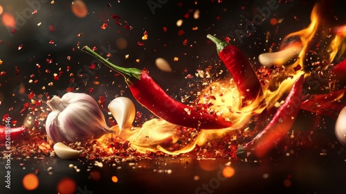 Hot chili pepper and garlic on fire background. Flying and burning vegetables on dark background. Red chili pepper splashing, garlic, Vector realistic in 3D illustration.