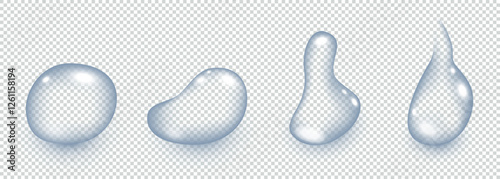 Realistic vector illustration of transparent water drops of different shapes on transparent background. Suitable for design projects, advertising, packaging and digital works.