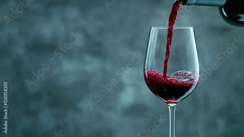 Red wine being poured into a clear glass, against a textured, dark backdrop, creating a sophisticated ambiance.