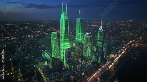 CGI scene of 3D model of Center City Philadelphia Skyline high rises. To celebrate Philadelphia Eagles trip to 2025 Super Bowl LIX buildings glow in vibrant Kelly and Midnight Green. 