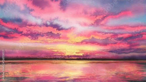A vibrant watercolor sunset over a calm body of water, featuring swirling pink, purple, and orange hues reflecting off the surface.