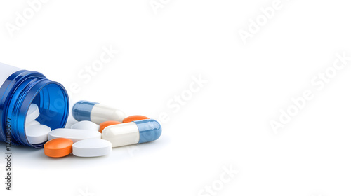 Pills spilling from a blue-lidded bottle create a bright and clean image representing health, medicine, and wellness on a white background. photo