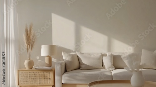 Scandinavian-inspired living room with neutral colors, clean lines, and wooden furniture, copy space