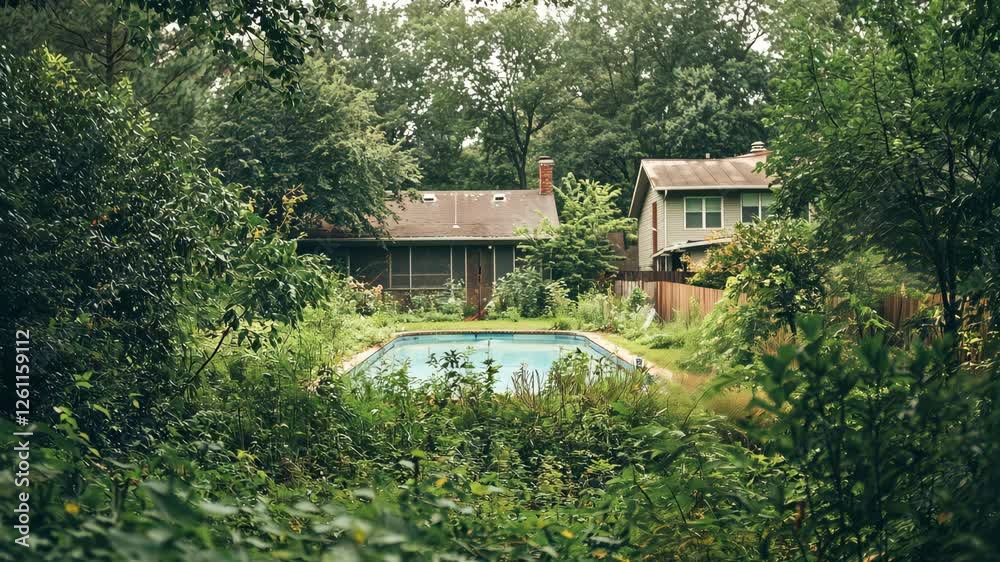 Secluded Backyard Pool Surrounded by Lush Greenery with Still Camera Angles and Static Frames Secluded Backyard Pool Surrounded by Lush Greenery with Still Camera Angles and Static Frames