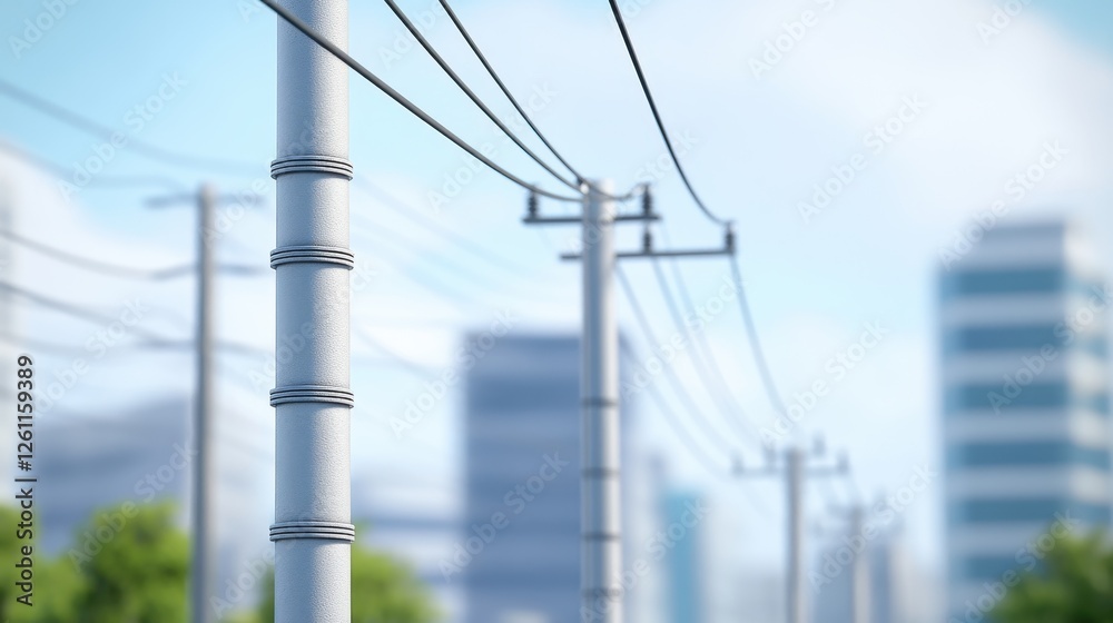 Close-up of a power line pole, with city skyline in the blurred background, wires stretching across the sky. Close-up of a power line pole, with city skyline in the blurred background, wires stretching across the sky.