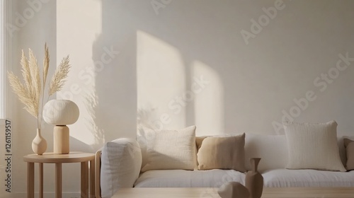 Scandinavian-inspired living room with neutral colors, clean lines, and wooden furniture, copy space