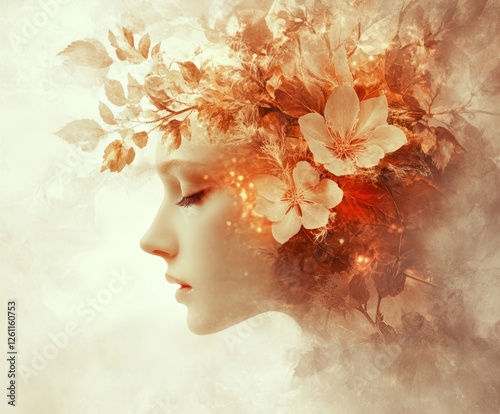 Serene Autumnal Woman: A Dreamlike Portrait of Tranquility and Nature's Embrace