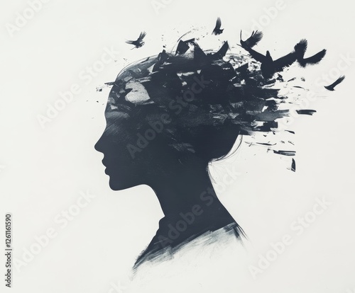 The Ethereal Flight of Mind: A Silhouette of a Woman Transformed by Birds