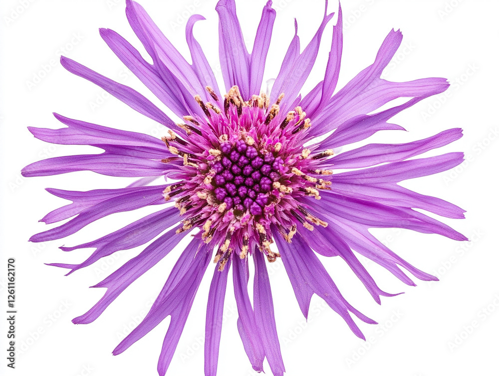 Obraz premium A stunning purple flower with long, spiky petals and a round center displays vibrant colors, highlighting nature's beauty and complexity