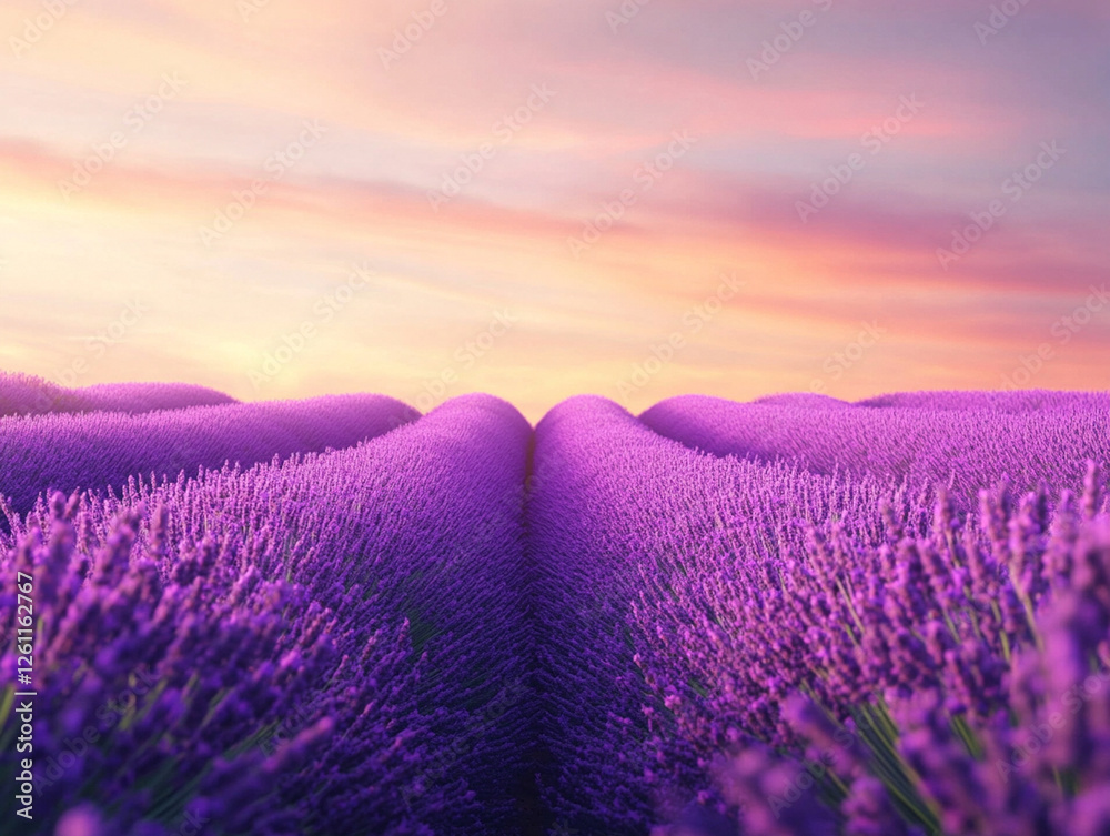 Fototapeta premium Vast rows of blooming lavender stretch towards the horizon, blending beautifully with the pink and purple hues of a sunset