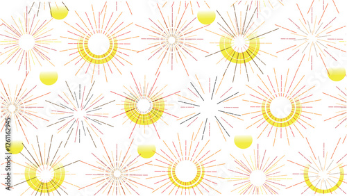 Seamless pattern with bright sparklers and fireworks, festive yellow pattern on a white background, red and orange stripes with yellow fireworks flash