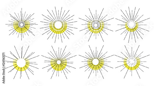 Set of fireworks with yellow flash on white background, collection of yellow sparklers, festive concert, bright fireworks lights