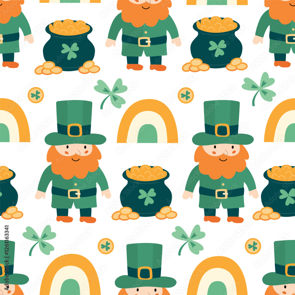 Seamless pattern with leprechauns, pots of gold, shamrocks, and rainbows for St. Patrick’s Day. Perfect for fabric, wrapping paper, wallpaper, and festive decorations Seamless pattern with leprechauns, pots of gold, shamrocks, and rainbows for St. Patrick’s Day. Perfect for fabric, wrapping paper, wallpaper, and festive decorations