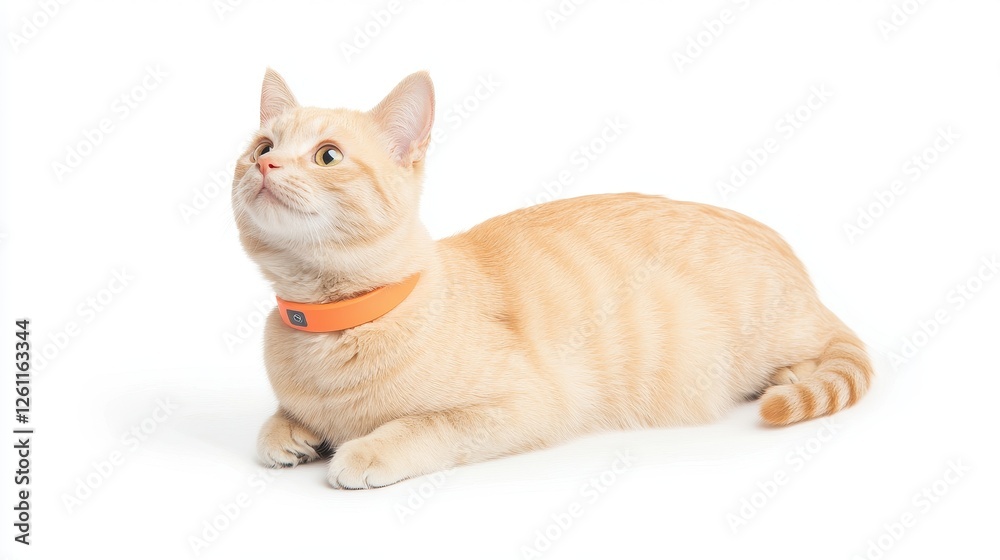 Playful Orange Cat with Striped Fur Looking Up in a Studio on a White Background Playful Orange Cat with Striped Fur Looking Up in a Studio on a White Background