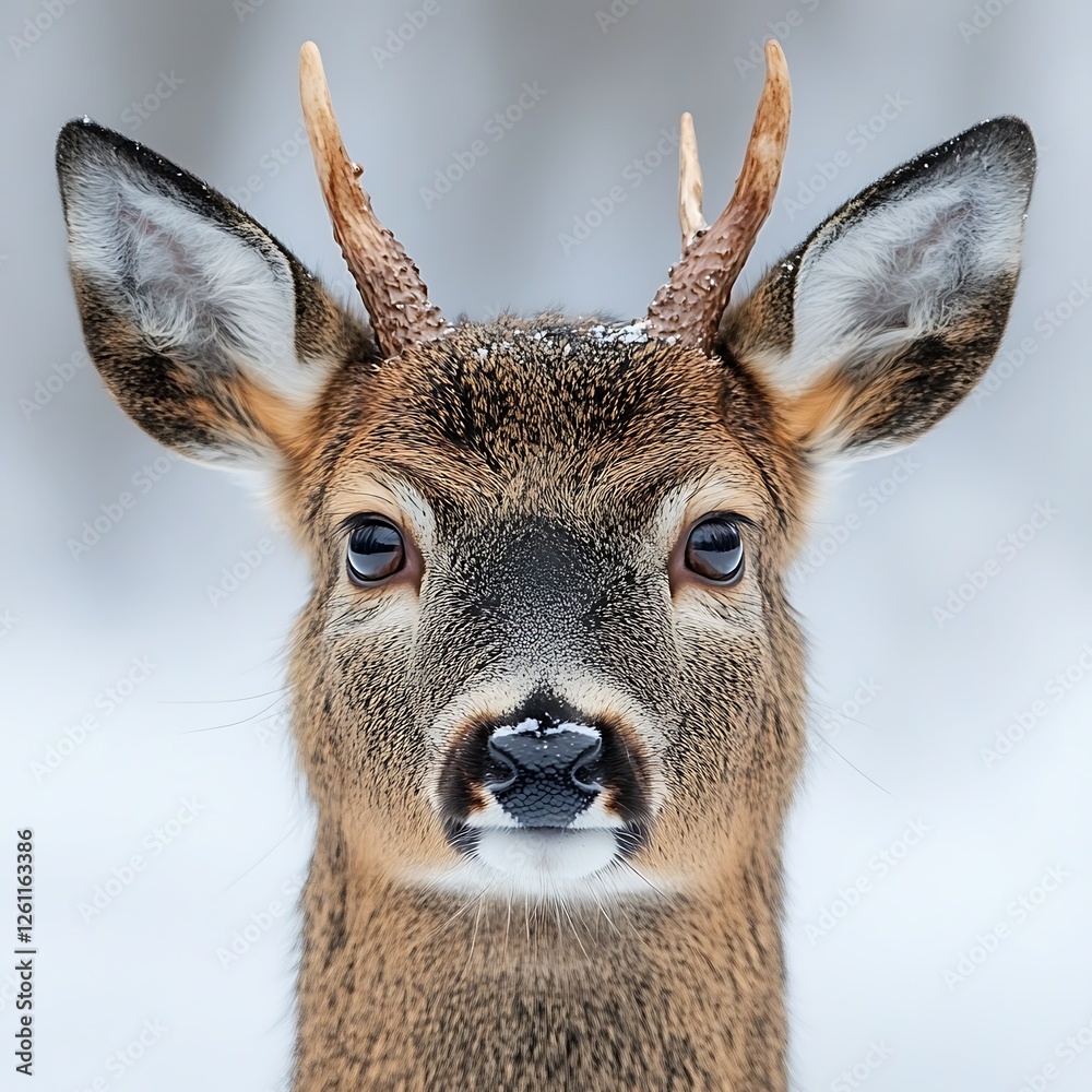 Fototapeta premium Young buck deer winter portrait, snowy background, wildlife