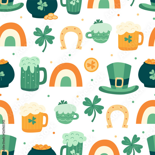 Seamless pattern with leprechaun hats, beer mugs, pots of gold, shamrocks, rainbows, and horseshoes for St. Patrick’s Day. Great for fabric, wrapping paper, wallpaper, and festive decorations