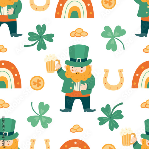 Seamless pattern with cheerful leprechauns, beer mugs, shamrocks, gold coins, rainbows, and horseshoes. Perfect for St. Patrick’s Day fabric, wrapping paper, wallpaper, and festive decorations