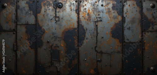 A seamless, high-resolution industrial metal texture featuring dark scorch marks, discoloration from extreme heat, and roughened surface patches. Perfect for battle-worn sci-fi armor. photo