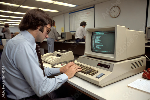 Wallpaper Mural Throwback to the 70s: Man Coding on Vintage Computer at Work Torontodigital.ca