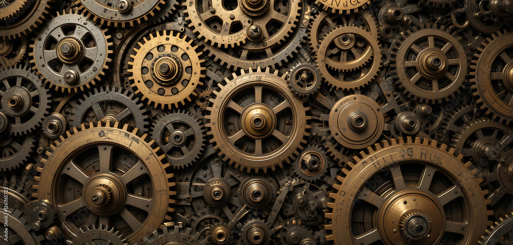 A seamless, high-resolution texture depicting interlocking brass and steel gears, cogs, and intricate mechanical components in motion. Perfect for steampunk themes, industrial settings. A seamless, high-resolution texture depicting interlocking brass and steel gears, cogs, and intricate mechanical components in motion. Perfect for steampunk themes, industrial settings.