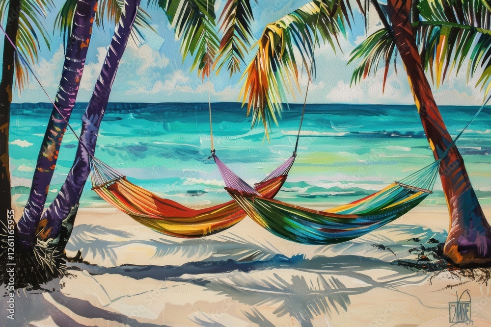 Naklejka premium Vibrant Caribbean Hammock Paradise: Colorful Relaxation on Pristine Beach for Travel Posters