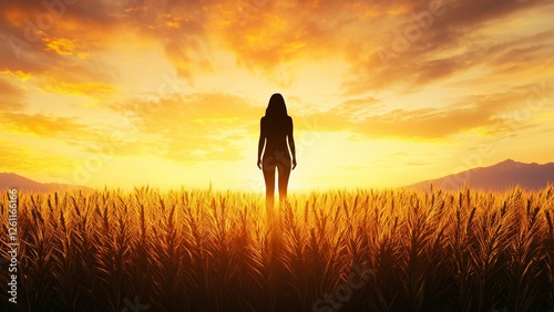 International Women’s Day concept .Silhouette of a woman standing against  sunset, symbolizing hope and empowerment