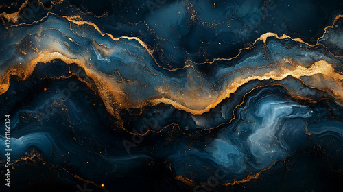 Abstract liquid marble texture with gold accents, deep blues and greens blending smoothly, luxury aesthetic photo