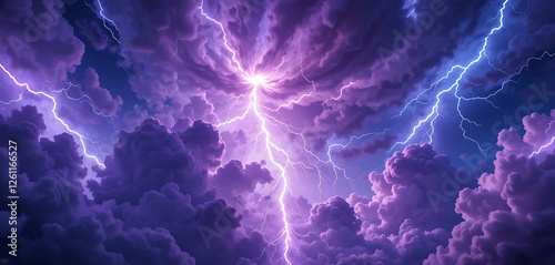 A seamless, high-resolution sky texture featuring swirling purple and blue plasma clouds charged with crackling lightning bolts. Perfect for sci-fi environments, superstorm effects. photo