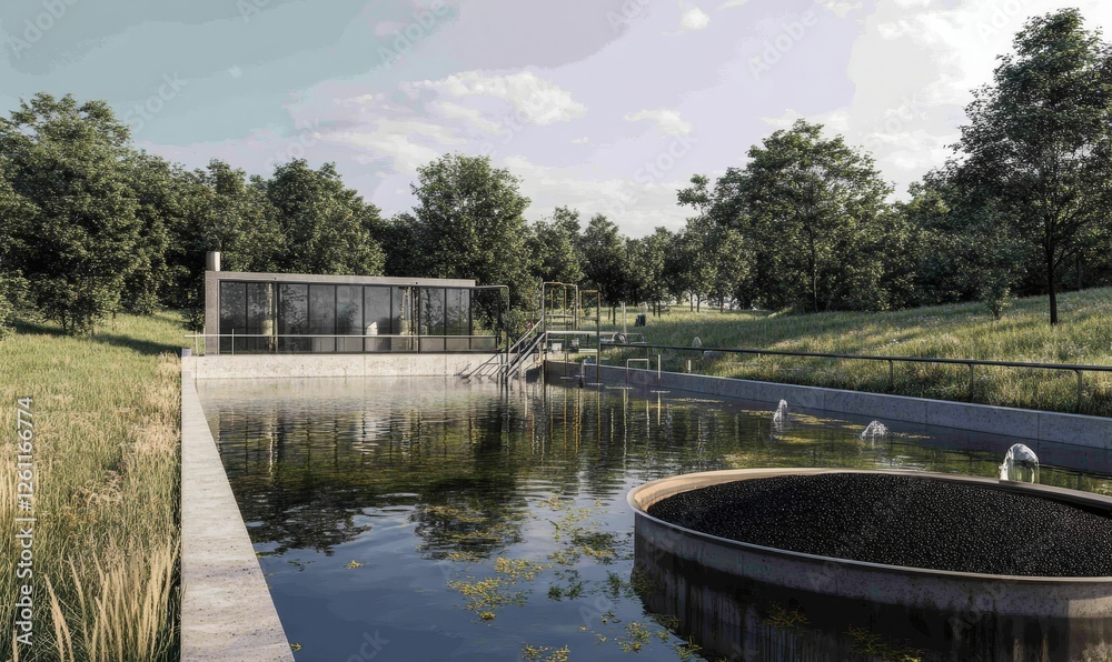 Fototapeta premium Modern water treatment plant nestled in serene woodland.