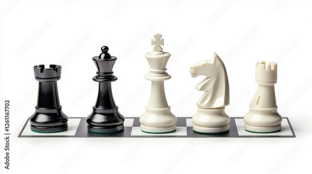 Black and white chess pieces arranged on a checkered board creating a strategic game scenario Black and white chess pieces arranged on a checkered board creating a strategic game scenario