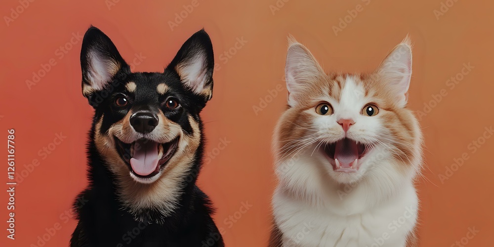 Happy dog and cat together smiling and looking at camera against orange background, showing friendship between pets and joyful animal expressions. Happy dog and cat together smiling and looking at camera against orange background, showing friendship between pets and joyful animal expressions.