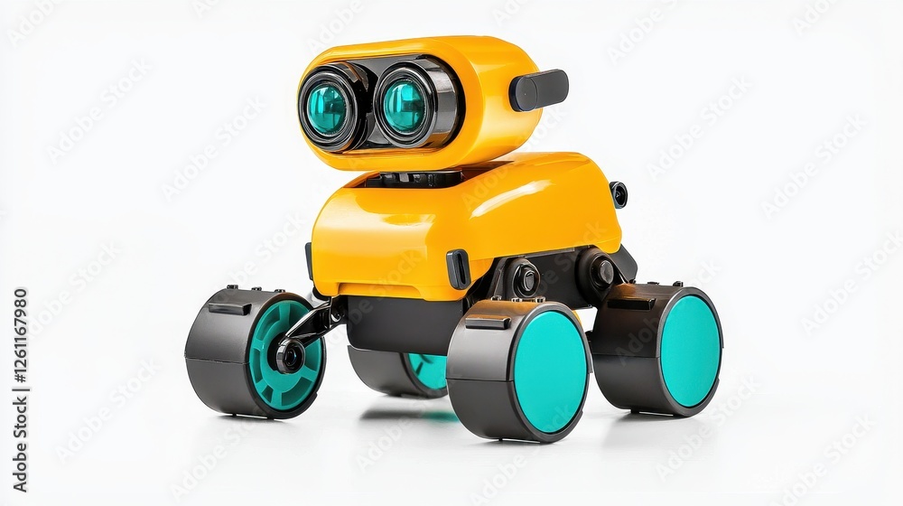 Cute yellow robot toy with big eyes and wheels isolated on white background for creative projects Cute yellow robot toy with big eyes and wheels isolated on white background for creative projects