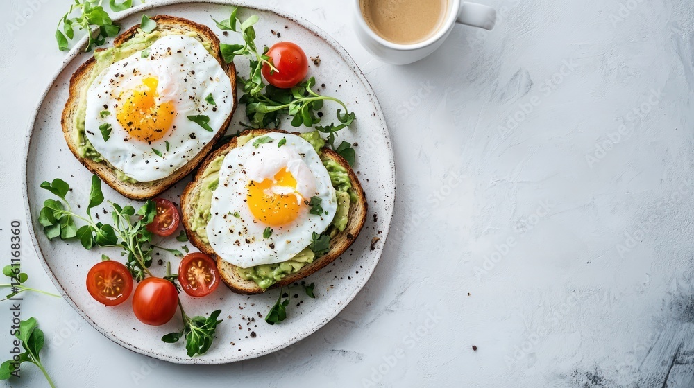 Avocado toast, eggs, breakfast, kitchen, healthy food, morning meal, white background, coffee Avocado toast, eggs, breakfast, kitchen, healthy food, morning meal, white background, coffee