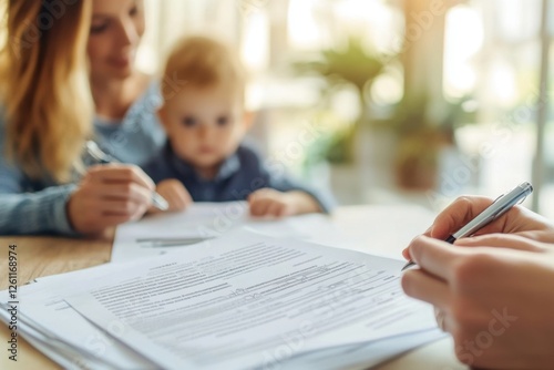 Close-up of hands signing documents with a blurred mother and baby in the background, symbolizing legal paperwork, family matters, or financial agreements in a bright, warm setting