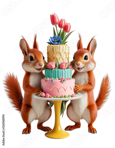 Fun two squirrels holding a cake with flowers, valentine's day, wedding, holidays, engagement, march eighth, birthday party