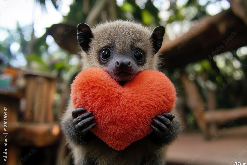 Fototapeta premium Digital ads animal layout. Cute fruit bat baby with fluffy red heart on in a natural habitat. Fruit bat - my cherished animal. Wild animals showing affection. Animals expressing love.