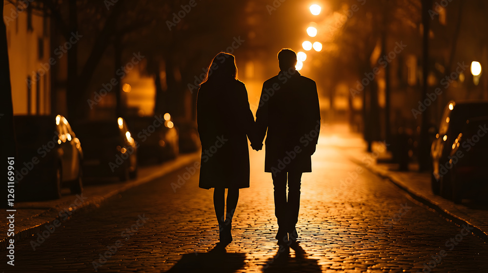 Silhouetted couple holding hands walking on dimly lit brick street at night under streetlights, with parked cars visible in the background. Romance, intimacy. Silhouetted couple holding hands walking on dimly lit brick street at night under streetlights, with parked cars visible in the background. Romance, intimacy.