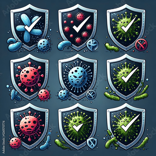 A set of shields with check marks and destroyed bacteria. Protection against viruses, bacteria. Elements for design concepts of pharmaceutical products and antivirus programs.
